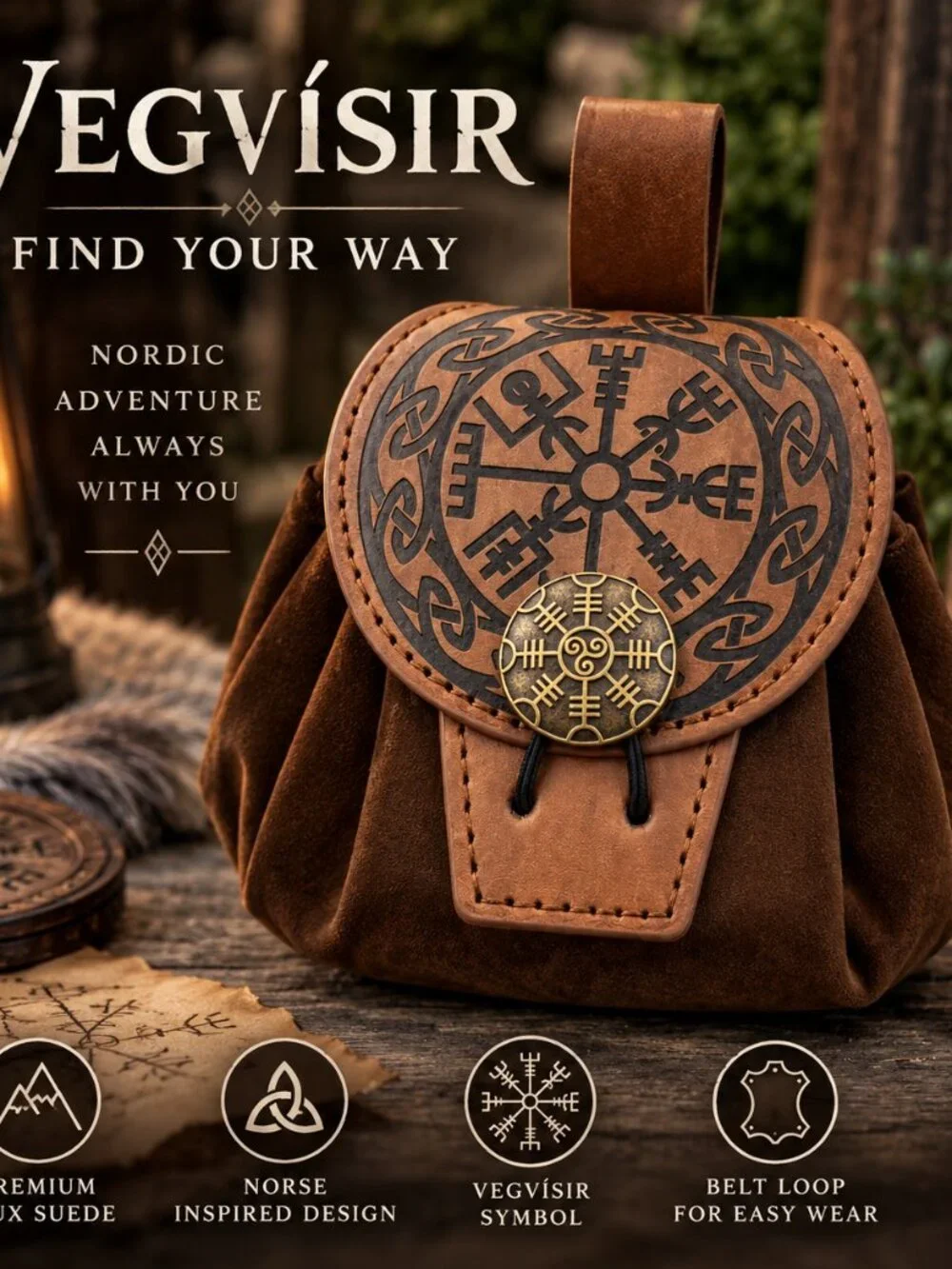 Vegvisir Norse Belt Pouch Viking Compass Renaissance Faire Brown Faux Suede Bag